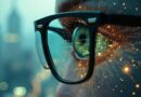 Inteligentne Ray-Ban Meta wtopione w oko, odbicie cyfrowego świata; połączenie AI i percepcji.
