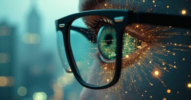 Inteligentne Ray-Ban Meta wtopione w oko, odbicie cyfrowego świata; połączenie AI i percepcji.