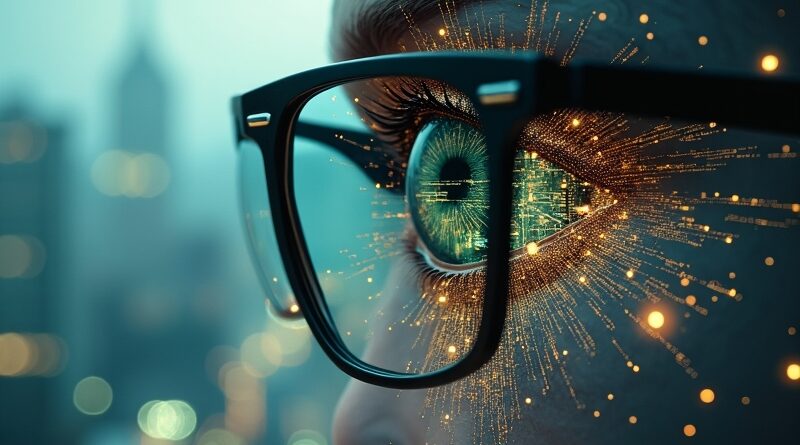 Inteligentne Ray-Ban Meta wtopione w oko, odbicie cyfrowego świata; połączenie AI i percepcji.