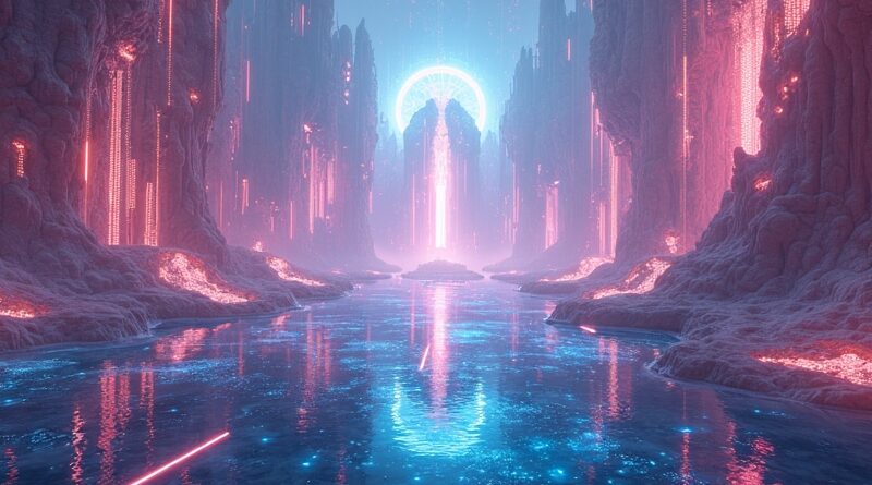 Surrealistyczny krajobraz generowany przez AI: obwody, kryształy i grywalne światy w czasie rzeczywistym.