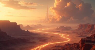 Futurystyczny krajobraz: silikonowe mezy spięte złotymi nitkami EMIB, fabryka Intela w tle.