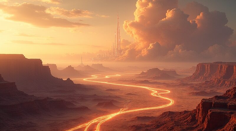 Futurystyczny krajobraz: silikonowe mezy spięte złotymi nitkami EMIB, fabryka Intela w tle.