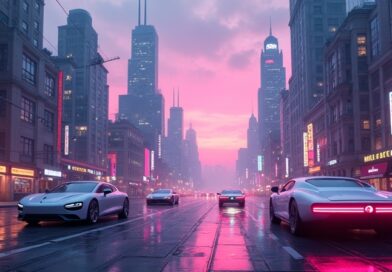 Neonowe miasto przyszłości, art nouveau, autonomiczne pojazdy Uber. Digital painting.