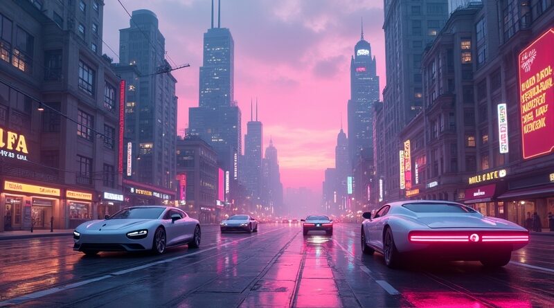 Neonowe miasto przyszłości, art nouveau, autonomiczne pojazdy Uber. Digital painting.