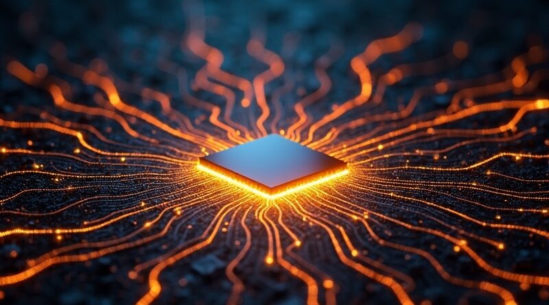 Abstrakcyjna grafika: świecąca sieć neuronowa układu scalonego na kosmicznym tle. Symbol Upscale AI i obietnicy miliardowej wyceny.