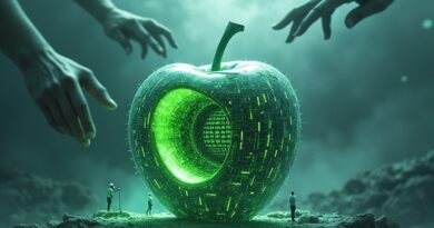 Cyfrowa jabłoń rozcięta kodem, budynki aplikacji blokowane przez dłonie z chmur. Konflikt technologii.