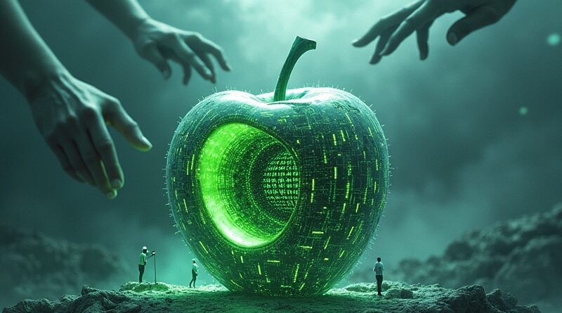 Cyfrowa jabłoń rozcięta kodem, budynki aplikacji blokowane przez dłonie z chmur. Konflikt technologii.