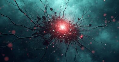 Zniszczona sieć neuronowa, wyciekające dane, ciemne barwy z akcentami zieleni i czerwieni symbolizują naruszenie bezpieczeństwa AI.