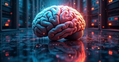 Mózg spleciony z serwerami, pęknięcie, lustro z fragmentami dolarów. AI, finanse, zakłócenia.