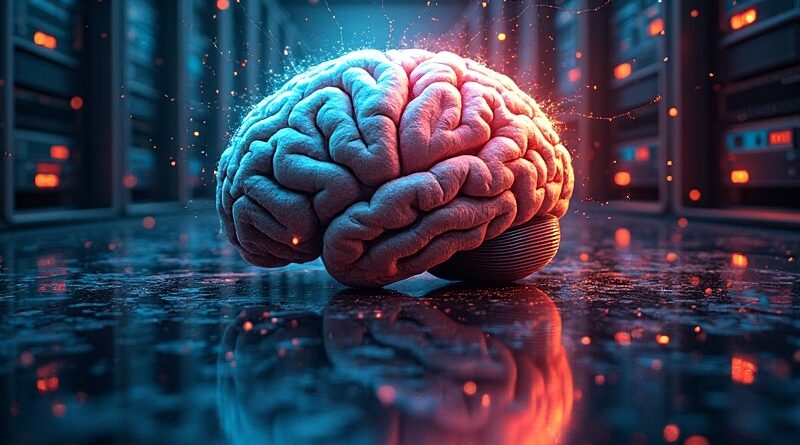 Mózg spleciony z serwerami, pęknięcie, lustro z fragmentami dolarów. AI, finanse, zakłócenia.