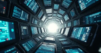 Rozbite ekrany smartfonów tworzą wir, symbolizujący wyciek danych i cyfrowe zagrożenia.