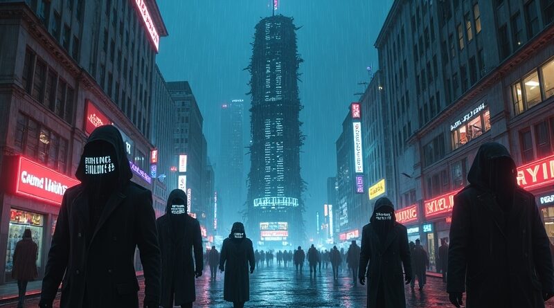 Cyberpunkowa panorama miasta w deszczu, cyfrowy wodospad kodu z wieżowca, mroczne postacie, napięcie, kryzys bezpieczeństwa.