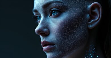 Cyfrowa maska z kodu oplatająca ludzką twarz. Metafora deepfake'ów i ochrony wizerunku na YouTube.