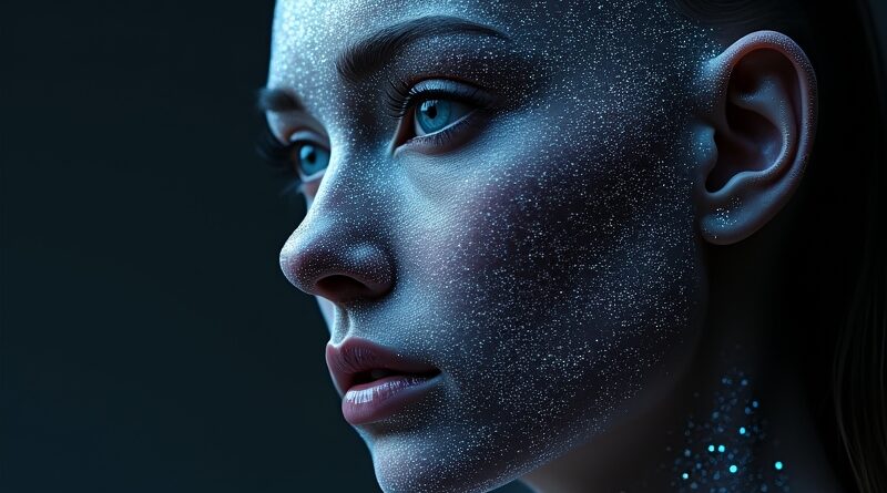 Cyfrowa maska z kodu oplatająca ludzką twarz. Metafora deepfake'ów i ochrony wizerunku na YouTube.