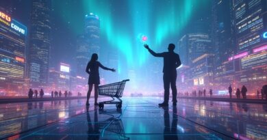 Futurystyczne miasto pod zorzą polarną, wózki sklepowe jarzą się, hologramy i świetlne strumienie symbolizują zakupową rewolucję AI.