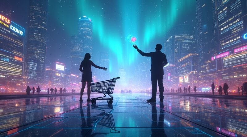 Futurystyczne miasto pod zorzą polarną, wózki sklepowe jarzą się, hologramy i świetlne strumienie symbolizują zakupową rewolucję AI.