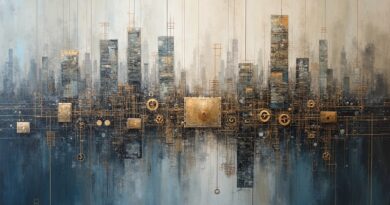 Abstrakcyjny obraz miasta zębatek kontrolowanych ludzką ręką. Odcienie szarości, błękitu i złota. Technologie pod ludzką kontrolą.