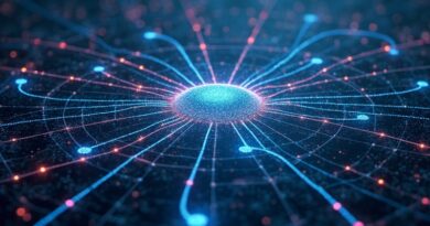 Skomplikowana sieć neuronowa jako plan architektoniczny. Świetliste połączenia symbolizują autonomiczne inżynierowanie AI.