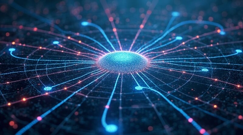 Skomplikowana sieć neuronowa jako plan architektoniczny. Świetliste połączenia symbolizują autonomiczne inżynierowanie AI.