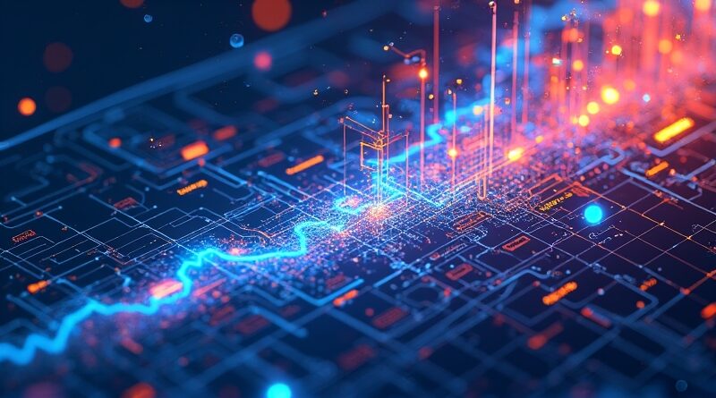 Cyfrowy schemat transformujący się w nowoczesny interfejs strony internetowej w barwach Zhipu AI.
