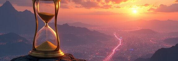 Pozłacana klepsydra na szczycie góry, miasto przyszłości w dole, zmierzch symbolizuje przemijanie "szczytowej wartości".