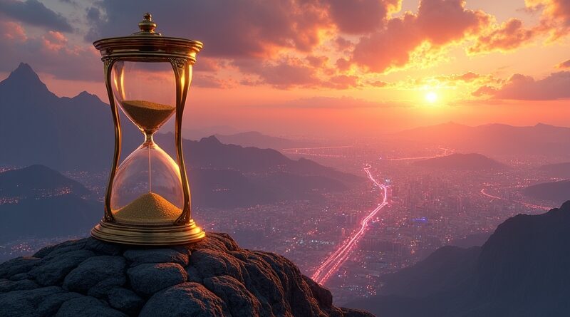 Pozłacana klepsydra na szczycie góry, miasto przyszłości w dole, zmierzch symbolizuje przemijanie "szczytowej wartości".