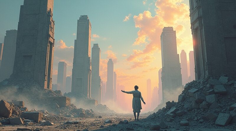 Cyfrowe budowle rozsypują się w piksele. Postać w stylu rzeźby próbuje powstrzymać upadek prawdy.