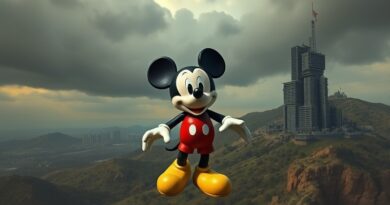 Złamana figurka Myszki Miki rozpada się w cyfrowym szumie, opuszczając chmurowe miasto serwerów.