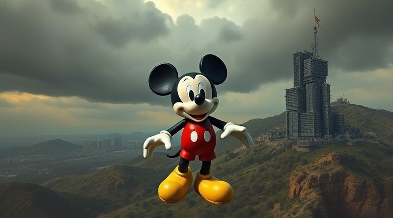 Złamana figurka Myszki Miki rozpada się w cyfrowym szumie, opuszczając chmurowe miasto serwerów.