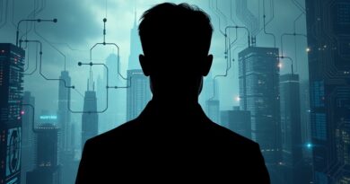 Zasmucony pracownik na tle futurystycznego miasta z obwodów; metafora redukcji etatów przez AI.