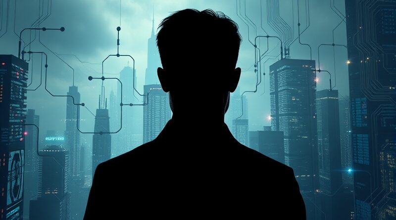 Zasmucony pracownik na tle futurystycznego miasta z obwodów; metafora redukcji etatów przez AI.