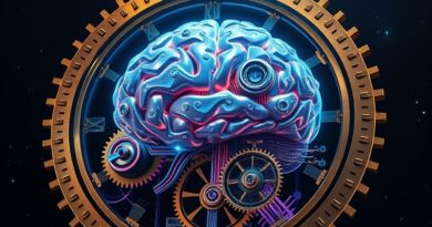 Złożony mechanizm zegarowy otacza świecący mózg AI, symbolizujący ograniczenia i kontrolę nad sztuczną inteligencją.