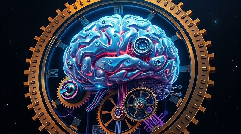 Złożony mechanizm zegarowy otacza świecący mózg AI, symbolizujący ograniczenia i kontrolę nad sztuczną inteligencją.