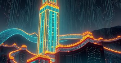 Futurystyczne centrum danych Alibaba w Chinach, z motywem smoka, chipami Zhenwu i fragmentem Wielkiego Muru.