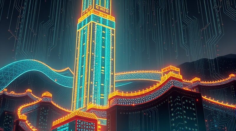 Futurystyczne centrum danych Alibaba w Chinach, z motywem smoka, chipami Zhenwu i fragmentem Wielkiego Muru.