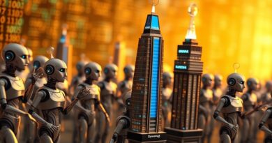 Futurystyczne roboty budują miniaturowe siedziby firm zasilane światłowodami, symbolizujące automatyzację rekrutacji przez AI.