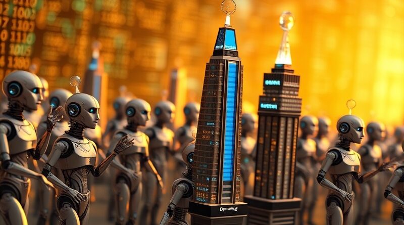 Futurystyczne roboty budują miniaturowe siedziby firm zasilane światłowodami, symbolizujące automatyzację rekrutacji przez AI.