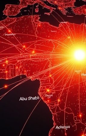 Cyfrowa mapa Afryki Zachodniej połączona światłowodami z Abu Zabi, symbolizuje dyplomację algorytmiczną Presight.