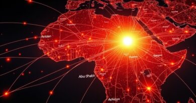 Cyfrowa mapa Afryki Zachodniej połączona światłowodami z Abu Zabi, symbolizuje dyplomację algorytmiczną Presight.