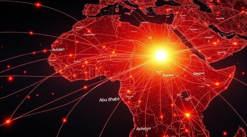 Cyfrowa mapa Afryki Zachodniej połączona światłowodami z Abu Zabi, symbolizuje dyplomację algorytmiczną Presight.