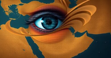 Cyfrowe oko z kodu binarnego nad mapą Bliskiego Wschodu, symbol OSINT nadzorującego ruchy wojsk USA.