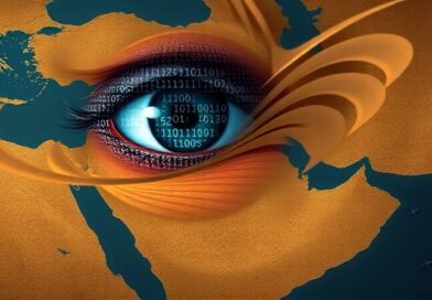 Cyfrowe oko z kodu binarnego nad mapą Bliskiego Wschodu, symbol OSINT nadzorującego ruchy wojsk USA.