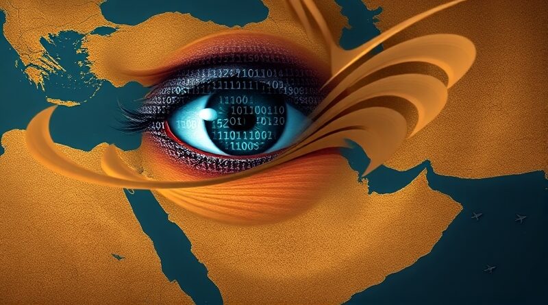 Cyfrowe oko z kodu binarnego nad mapą Bliskiego Wschodu, symbol OSINT nadzorującego ruchy wojsk USA.