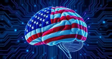 Mózg cyfrowy spleciony z flagą USA, przetwarzający dane. Ilustracja do artykułu o AI w CIA.