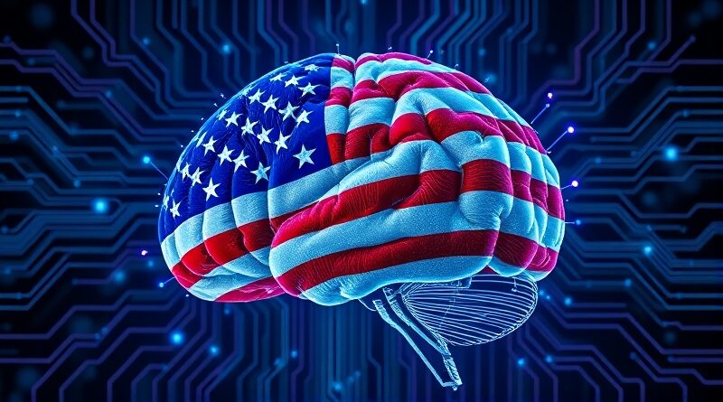 Mózg cyfrowy spleciony z flagą USA, przetwarzający dane. Ilustracja do artykułu o AI w CIA.