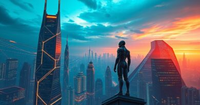 Futurystyczne miasto z drapaczami chmur-sieci neuronowych. Robot nadzoruje przepływ danych w nowej erze.