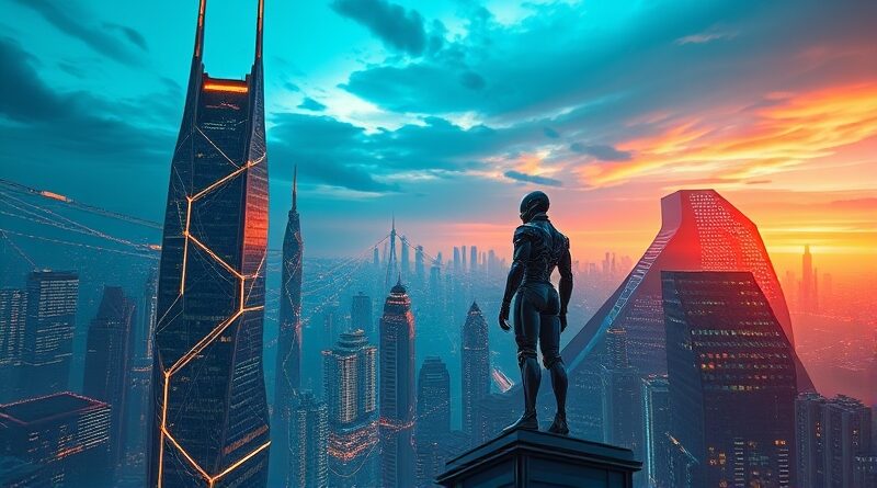 Futurystyczne miasto z drapaczami chmur-sieci neuronowych. Robot nadzoruje przepływ danych w nowej erze.