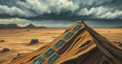 Surrealistyczny krajobraz z chipów i płyt drukowanych, laptop na tle burzy danych, symbolizujący niedobór pamięci.