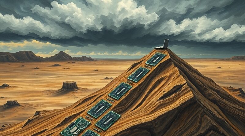 Surrealistyczny krajobraz z chipów i płyt drukowanych, laptop na tle burzy danych, symbolizujący niedobór pamięci.