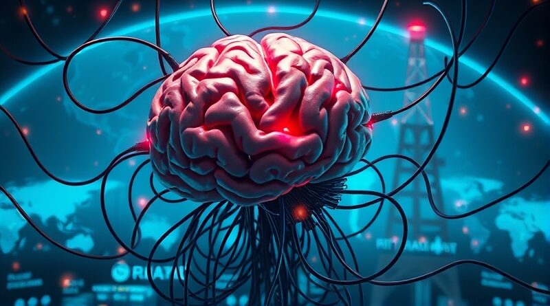 Cyfrowy mózg opleciony kablami, w tle wiertnica naftowa, mapa świata. AI wobec ograniczeń.